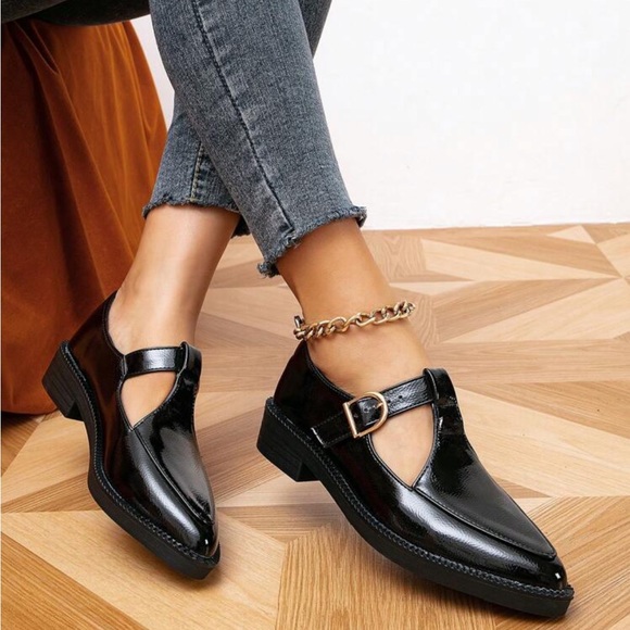 Women's Flat Chunky Heel Pointed Toe Brogue Loafers, Slip On Block Oxfords Shoes - Picture 2 of 13